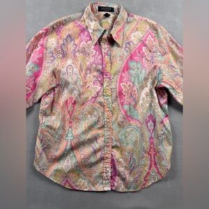 Lauren Ralph Lauren Women PL Shirt Button Up Paisley 3/4 Sleeve Western Spring